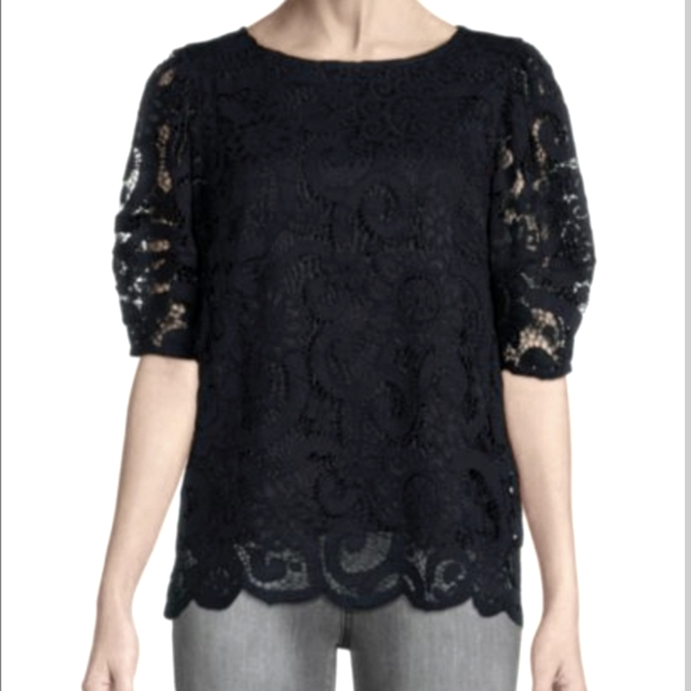 NWT- $88 Nanette Lapore Black Lace Blouse Top-XL